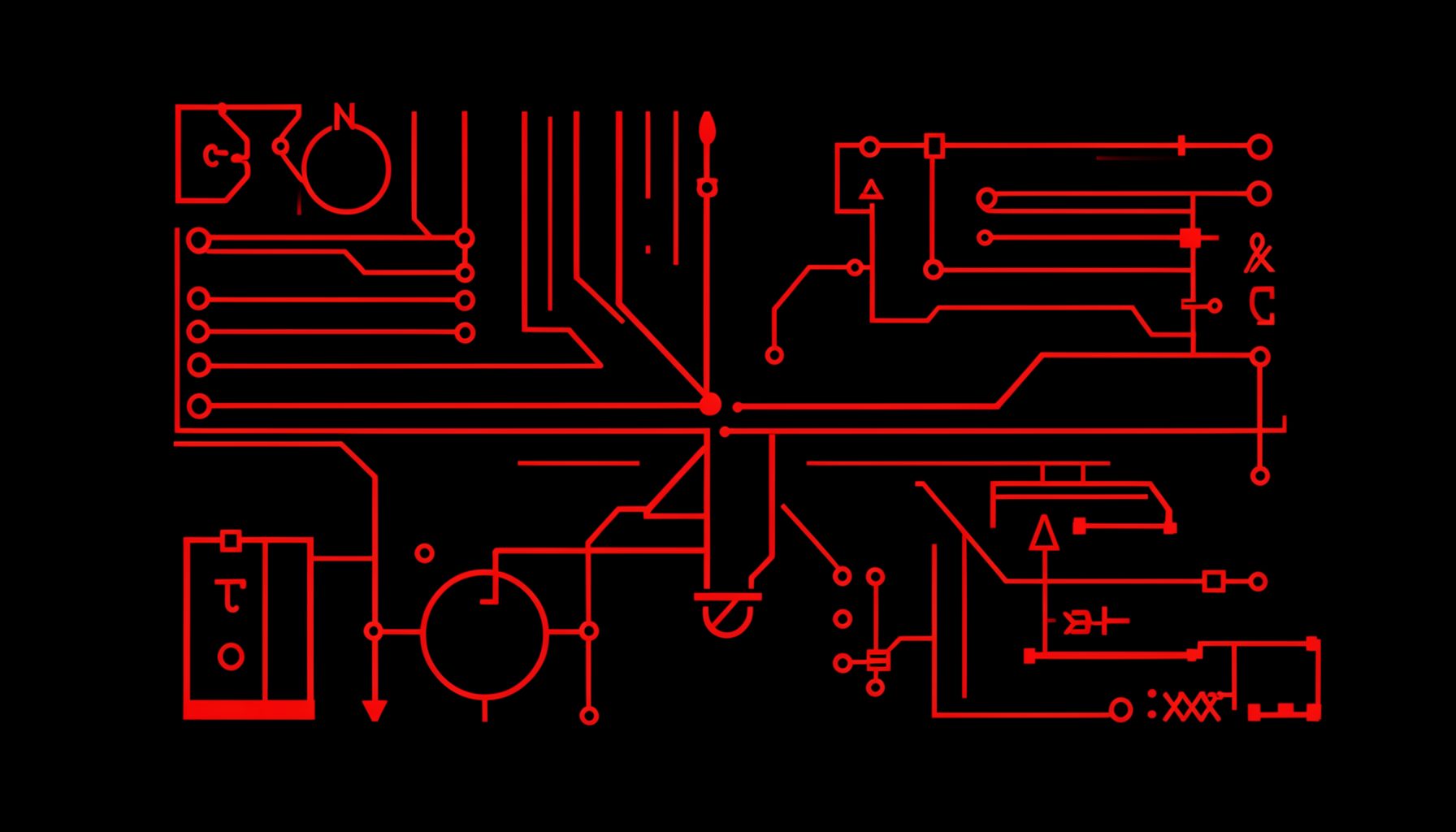 Flat vector illustration of a dark technical workspace with glowing red circuit traces, wire harness diagrams, and schematics