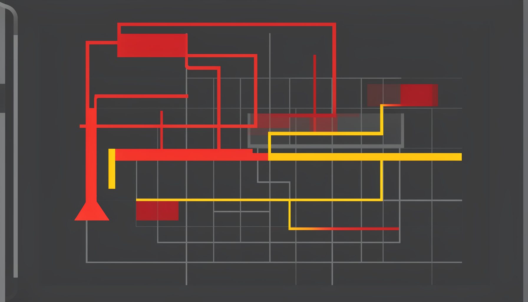 Flat vector illustration of an engine-bay electrical layout with red and yellow wire paths over a dark gray schematic grid