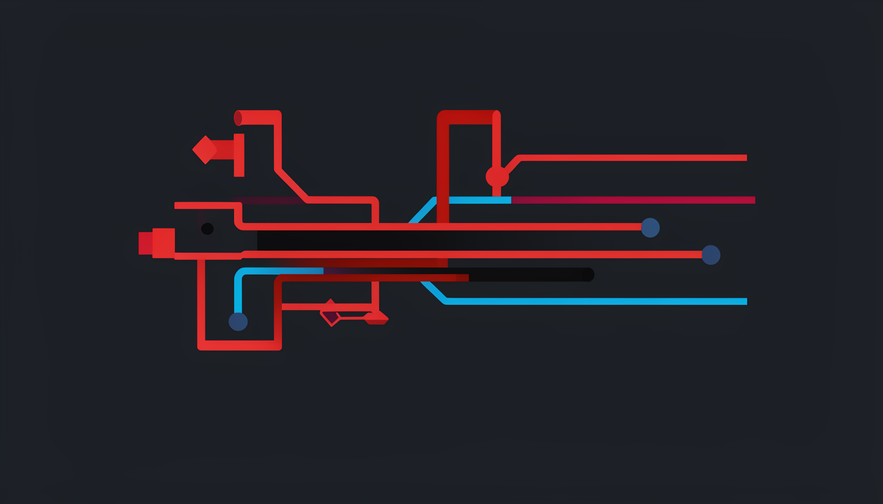 Flat vector illustration of a simplified automotive wiring harness diagram with red, black, and blue circuit lines on a dark gray schematic background